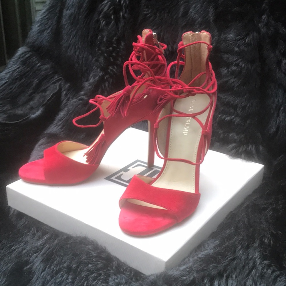 Ivanka Trump red suede tassel tie stilettos